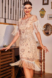 Sequins Champagne Roaring 20s Great Gatsby Fringed Flapper Dress with Sleeve