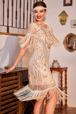 Sequins Champagne Roaring 20s Great Gatsby Fringed Flapper Dress with Sleeve