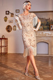 Sequins Champagne Roaring 20s Great Gatsby Fringed Flapper Dress with Sleeve