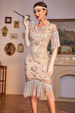 Sequins Champagne Roaring 20s Great Gatsby Fringed Flapper Dress with Sleeve