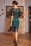 Sequins Champagne Roaring 20s Great Gatsby Fringed Flapper Dress with Sleeve