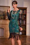 Sequins Dark Green Roaring 20s Great Gatsby Fringed Flapper Dress with Sleeve