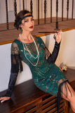 Sequins Dark Green Roaring 20s Great Gatsby Fringed Flapper Dress with Sleeve