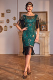 Sequins Dark Green Roaring 20s Great Gatsby Fringed Flapper Dress with Sleeve