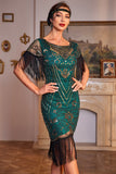 Sequins Dark Green Roaring 20s Great Gatsby Fringed Flapper Dress with Sleeve