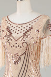 Boat Neck Sequins Champagne Roaring 20s Gatsby Fringed Flapper Dress