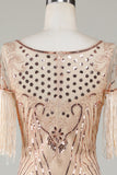 Boat Neck Sequins Champagne Roaring 20s Gatsby Fringed Flapper Dress