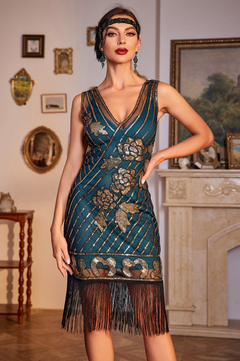 Load image into Gallery viewer, Dark Green Glitter Fringes Flapper Great Gatsby Dress with Sleveless