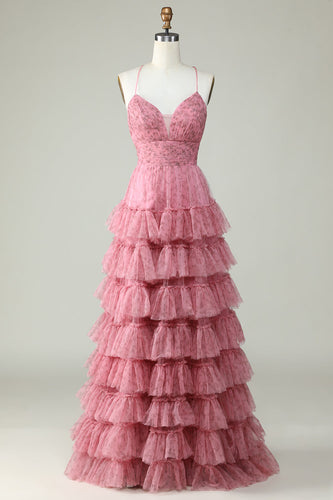 A Line Spaghetti Straps Layered Pink Tulle Prom Dress with Floral Printed