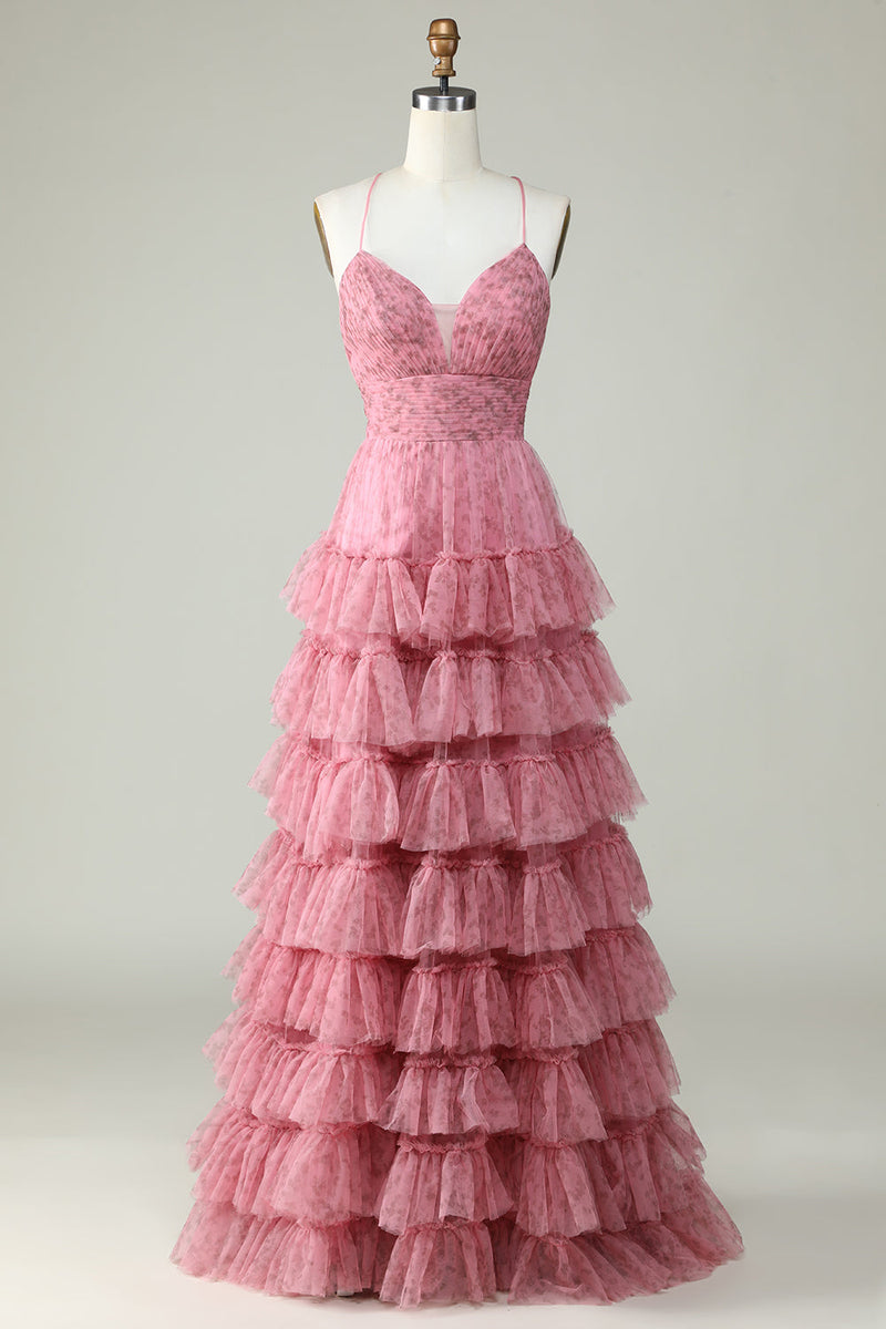 Load image into Gallery viewer, A Line Spaghetti Straps Layered Pink Tulle Prom Dress with Floral Printed