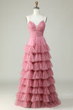 A Line Spaghetti Straps Layered Pink Tulle Prom Dress with Floral Printed