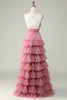 Load image into Gallery viewer, A Line Spaghetti Straps Layered Pink Tulle Prom Dress with Floral Printed
