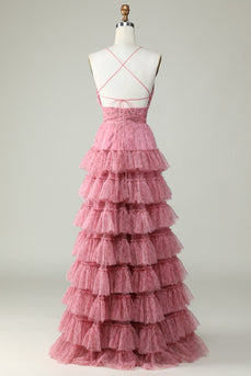 A Line Spaghetti Straps Layered Pink Tulle Prom Dress with Floral Printed