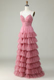 A Line Spaghetti Straps Layered Pink Tulle Prom Dress with Floral Printed