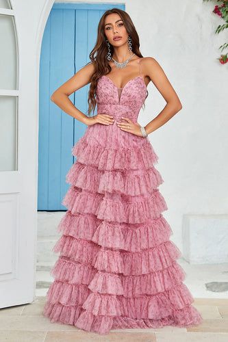 Spaghetti Straps Layered Tulle Prom Dress with Floral Printed