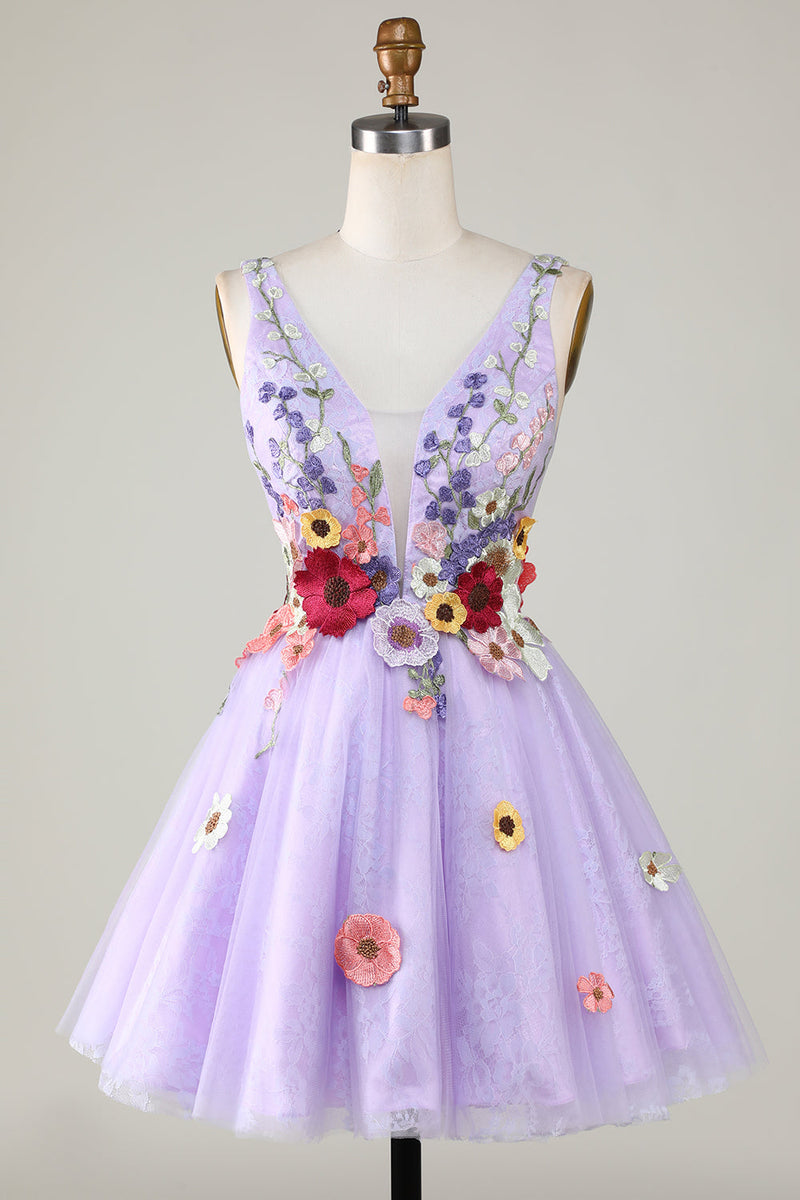 Load image into Gallery viewer, A Line Deep V Neck Open Back Purple Graduation Dress With 3D Flowers
