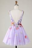 A Line Deep V Neck Open Back Purple Graduation Dress With 3D Flowers