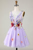 Load image into Gallery viewer, A Line Deep V Neck Open Back Purple Graduation Dress With 3D Flowers