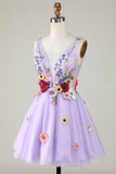 A Line Deep V Neck Open Back Purple Graduation Dress With 3D Flowers