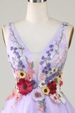 A Line Deep V Neck Open Back Purple Graduation Dress With 3D Flowers