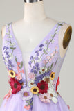 A Line Deep V Neck Open Back Purple Graduation Dress With 3D Flowers