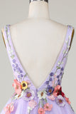 A Line Deep V Neck Open Back Purple Graduation Dress With 3D Flowers