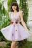 Load image into Gallery viewer, Purple Deep V Neck Open Back Graduation Dress With 3D Flowers