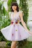 Purple Deep V Neck Open Back Graduation Dress With 3D Flowers