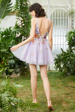 Purple Deep V Neck Open Back Graduation Dress With 3D Flowers