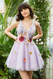 Purple Deep V Neck Open Back Graduation Dress With 3D Flowers