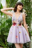 Purple Deep V Neck Open Back Graduation Dress With 3D Flowers