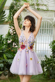 Purple Deep V Neck Open Back Graduation Dress With 3D Flowers