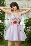 Purple Deep V Neck Open Back Graduation Dress With 3D Flowers