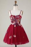 Gorgeous A Line Spaghetti Straps Burgundy Short Graduation Dress with 3D Flowers