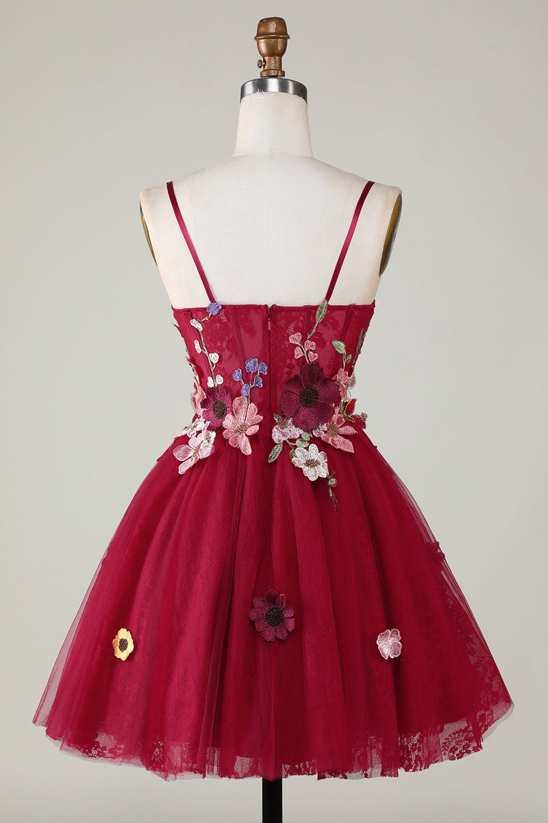Load image into Gallery viewer, Gorgeous A Line Spaghetti Straps Burgundy Short Graduation Dress with 3D Flowers