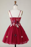 Gorgeous A Line Spaghetti Straps Burgundy Short Graduation Dress with 3D Flowers