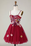 Gorgeous A Line Spaghetti Straps Burgundy Short Graduation Dress with 3D Flowers