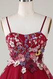 Gorgeous A Line Spaghetti Straps Burgundy Short Graduation Dress with 3D Flowers