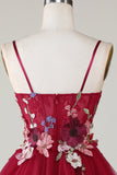 Gorgeous A Line Spaghetti Straps Burgundy Short Graduation Dress with 3D Flowers