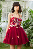 Burgundy A Line Spaghetti Straps Graduation Dress With 3D Flowers