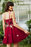 Burgundy A Line Spaghetti Straps Graduation Dress With 3D Flowers