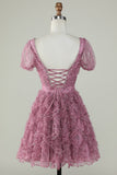 Gorgeous A Line Floral Dusty Rose Graduation Dress with Ruffles