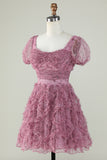 Gorgeous A Line Floral Dusty Rose Graduation Dress with Ruffles