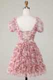 Cute A Line Floral Ivory Red Flower Graduation Dress with Ruffles