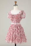 Cute A Line Floral Ivory Red Flower Graduation Dress with Ruffles