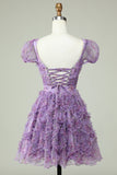 Floral A Line Purple Graduation Dress with Ruffles