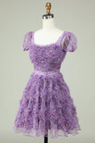 Floral A Line Purple Graduation Dress with Ruffles