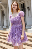 A Line Purple Printed Graduation Dress with Ruffles