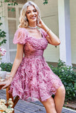 Cute A Line Floral Ivory Red Flower Graduation Dress with Ruffles