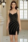 Sparkly Sheath Spaghetti Straps Black Short Homecoming Dress with Beading